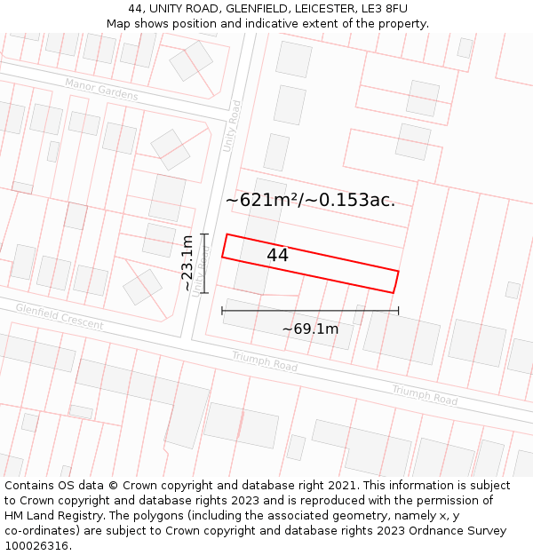 44, UNITY ROAD, GLENFIELD, LEICESTER, LE3 8FU: Plot and title map