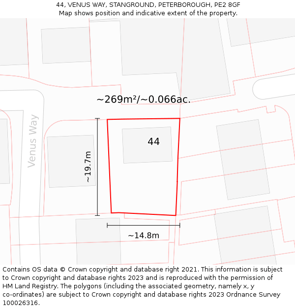44, VENUS WAY, STANGROUND, PETERBOROUGH, PE2 8GF: Plot and title map