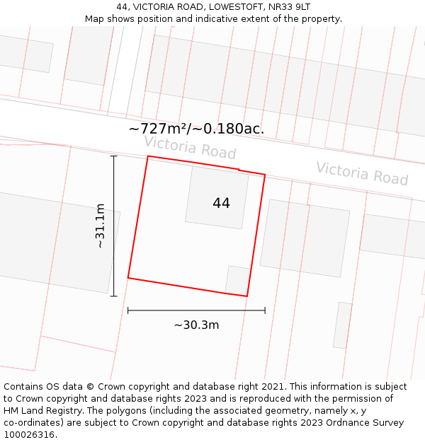44, VICTORIA ROAD, LOWESTOFT, NR33 9LT: Plot and title map