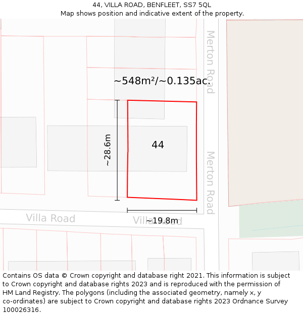 44, VILLA ROAD, BENFLEET, SS7 5QL: Plot and title map