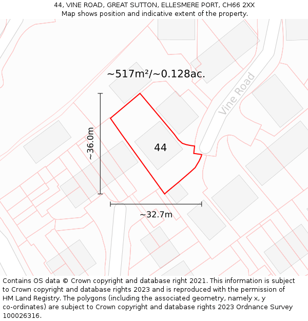 44, VINE ROAD, GREAT SUTTON, ELLESMERE PORT, CH66 2XX: Plot and title map