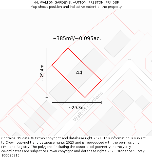 44, WALTON GARDENS, HUTTON, PRESTON, PR4 5SF: Plot and title map