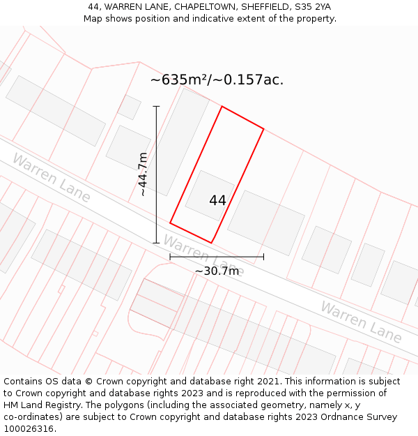 44, WARREN LANE, CHAPELTOWN, SHEFFIELD, S35 2YA: Plot and title map