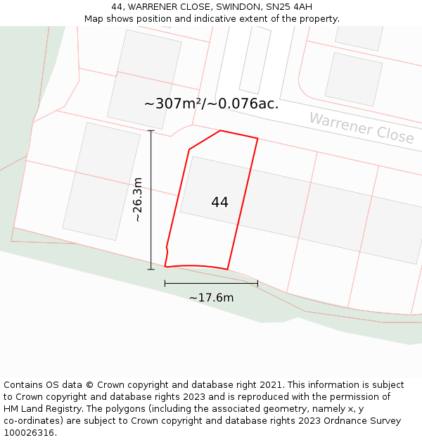 44, WARRENER CLOSE, SWINDON, SN25 4AH: Plot and title map