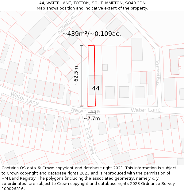 44, WATER LANE, TOTTON, SOUTHAMPTON, SO40 3DN: Plot and title map
