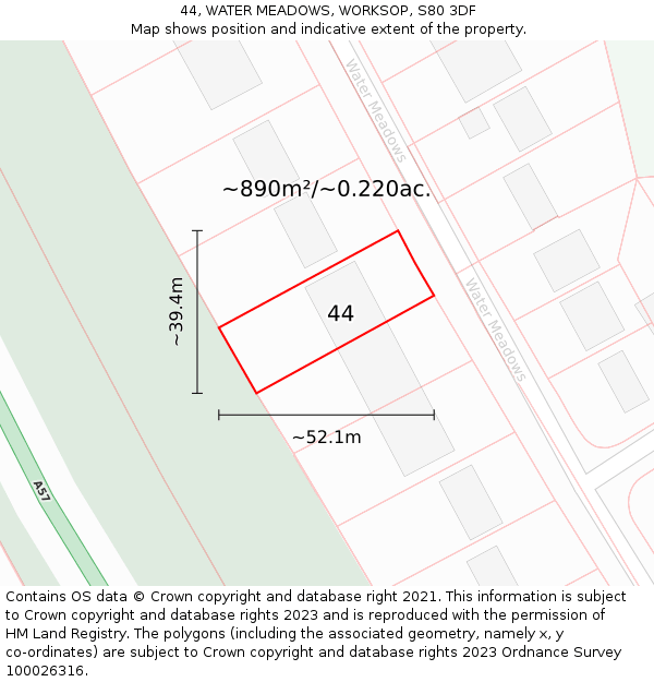 44, WATER MEADOWS, WORKSOP, S80 3DF: Plot and title map