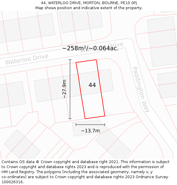 44, WATERLOO DRIVE, MORTON, BOURNE, PE10 0PJ: Plot and title map