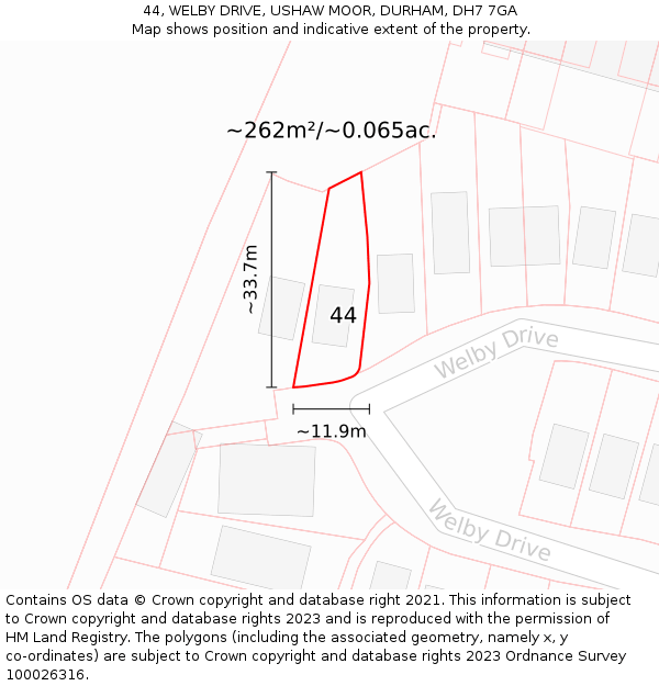 44, WELBY DRIVE, USHAW MOOR, DURHAM, DH7 7GA: Plot and title map