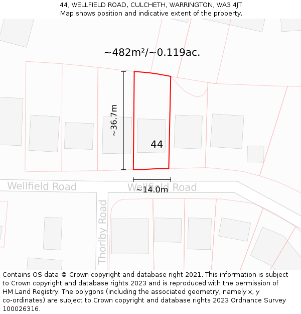 44, WELLFIELD ROAD, CULCHETH, WARRINGTON, WA3 4JT: Plot and title map
