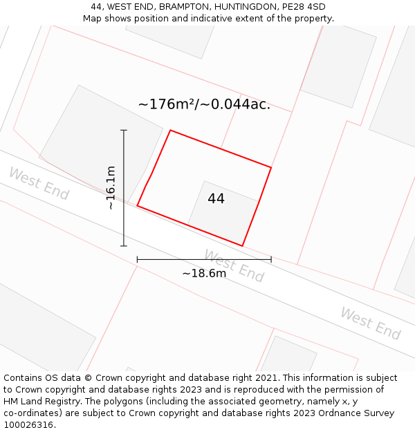 44, WEST END, BRAMPTON, HUNTINGDON, PE28 4SD: Plot and title map