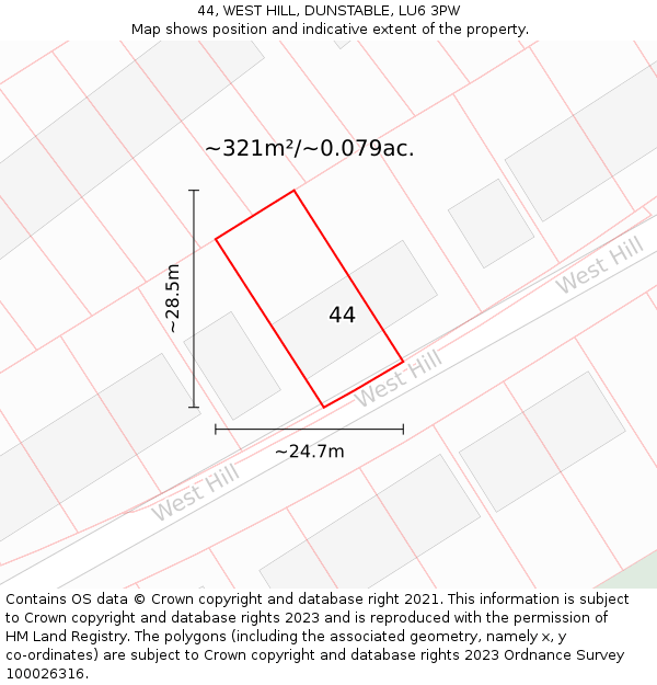 44, WEST HILL, DUNSTABLE, LU6 3PW: Plot and title map