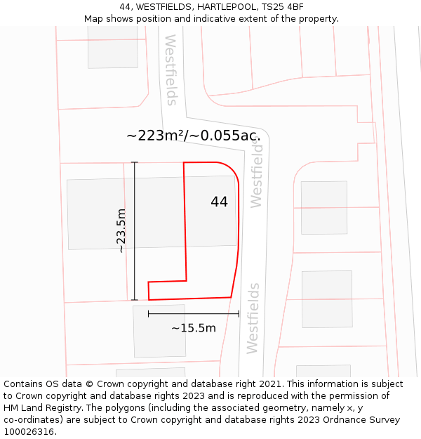 44, WESTFIELDS, HARTLEPOOL, TS25 4BF: Plot and title map