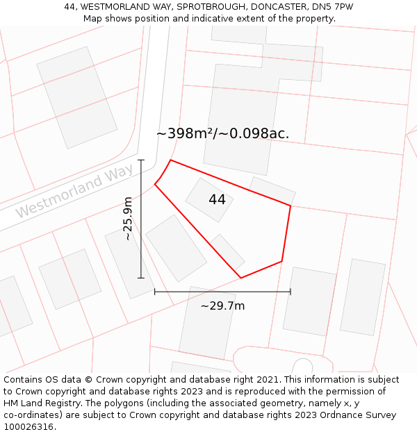 44, WESTMORLAND WAY, SPROTBROUGH, DONCASTER, DN5 7PW: Plot and title map