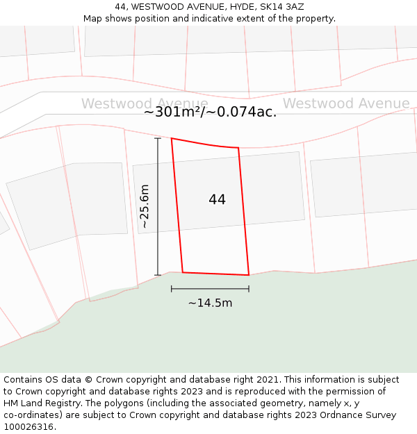 44, WESTWOOD AVENUE, HYDE, SK14 3AZ: Plot and title map
