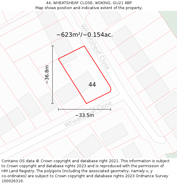 44, WHEATSHEAF CLOSE, WOKING, GU21 4BP: Plot and title map
