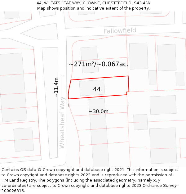 44, WHEATSHEAF WAY, CLOWNE, CHESTERFIELD, S43 4FA: Plot and title map
