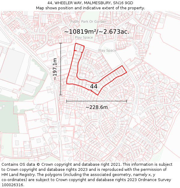 44, WHEELER WAY, MALMESBURY, SN16 9GD: Plot and title map