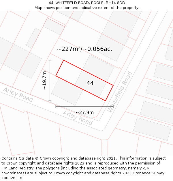 44, WHITEFIELD ROAD, POOLE, BH14 8DD: Plot and title map