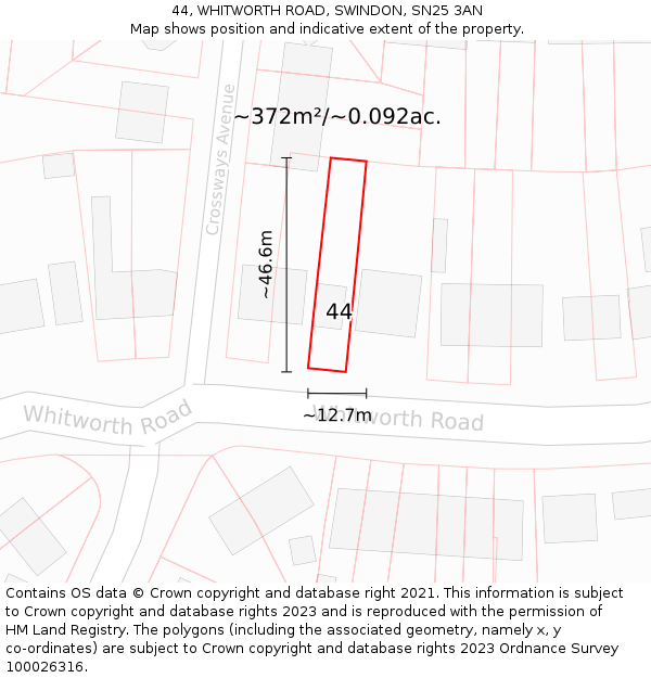 44, WHITWORTH ROAD, SWINDON, SN25 3AN: Plot and title map
