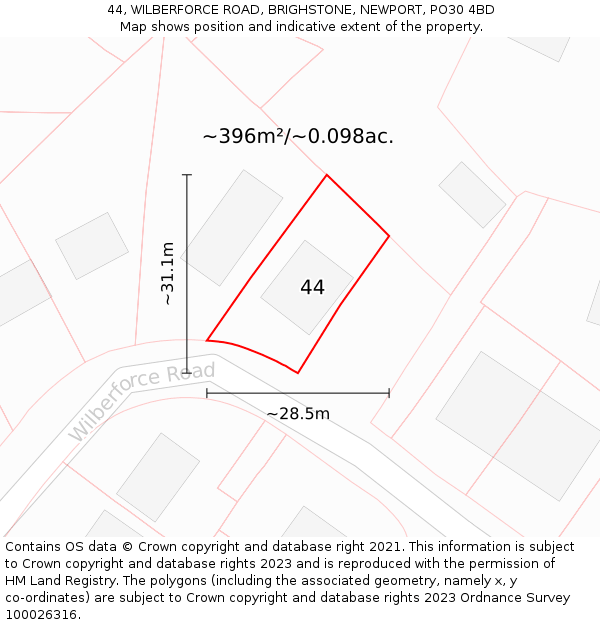 44, WILBERFORCE ROAD, BRIGHSTONE, NEWPORT, PO30 4BD: Plot and title map