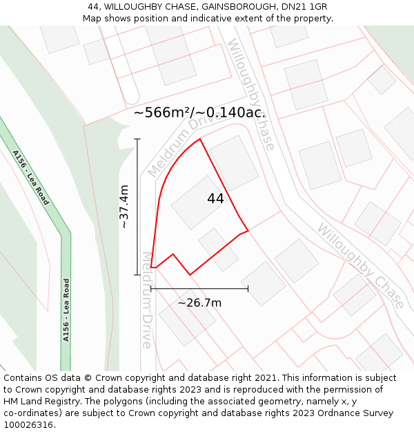44, WILLOUGHBY CHASE, GAINSBOROUGH, DN21 1GR: Plot and title map
