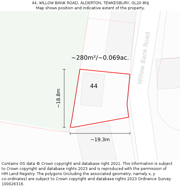 44, WILLOW BANK ROAD, ALDERTON, TEWKESBURY, GL20 8NJ: Plot and title map