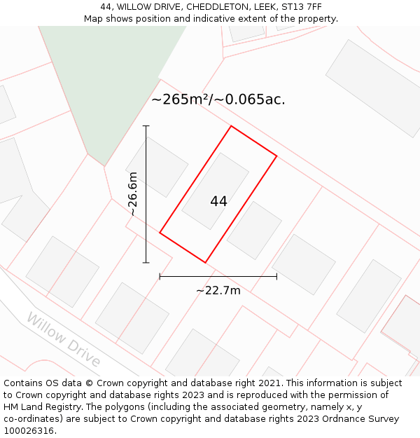 44, WILLOW DRIVE, CHEDDLETON, LEEK, ST13 7FF: Plot and title map
