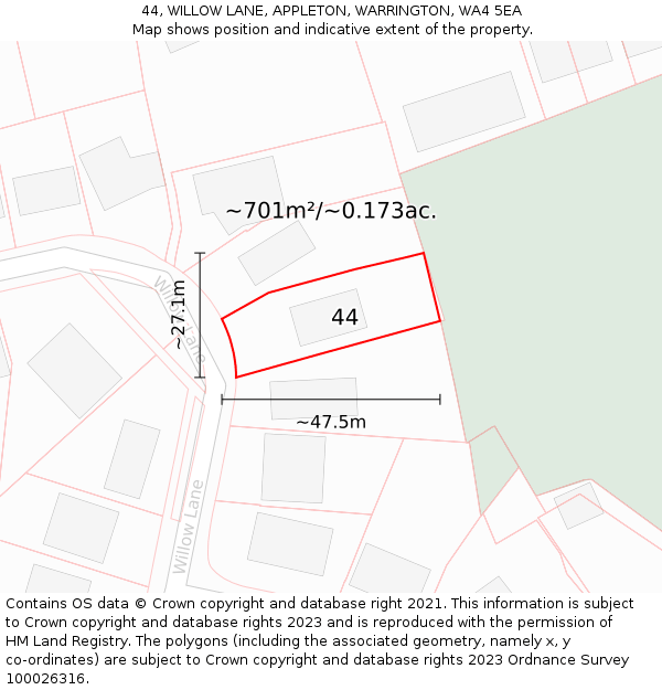 44, WILLOW LANE, APPLETON, WARRINGTON, WA4 5EA: Plot and title map