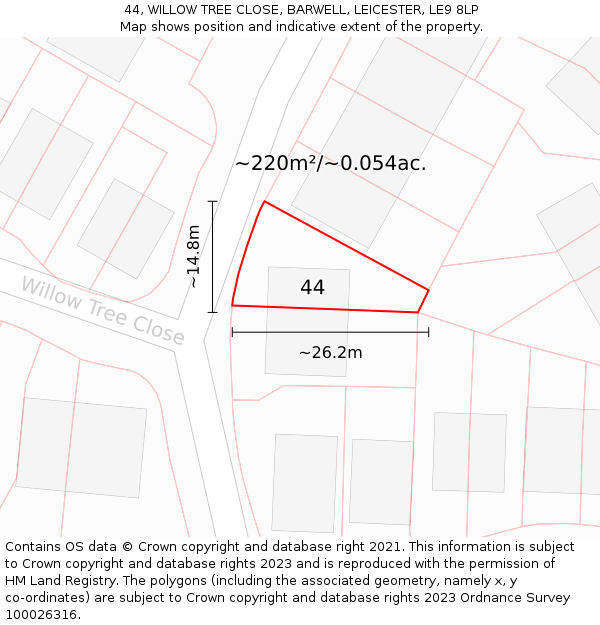 44, WILLOW TREE CLOSE, BARWELL, LEICESTER, LE9 8LP: Plot and title map