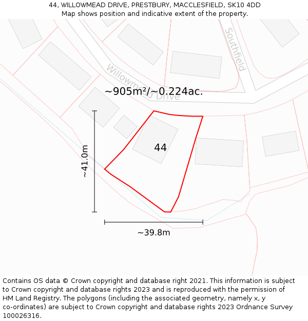 44, WILLOWMEAD DRIVE, PRESTBURY, MACCLESFIELD, SK10 4DD: Plot and title map