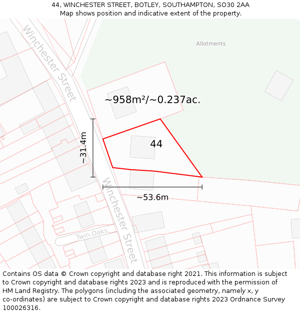 44, WINCHESTER STREET, BOTLEY, SOUTHAMPTON, SO30 2AA: Plot and title map
