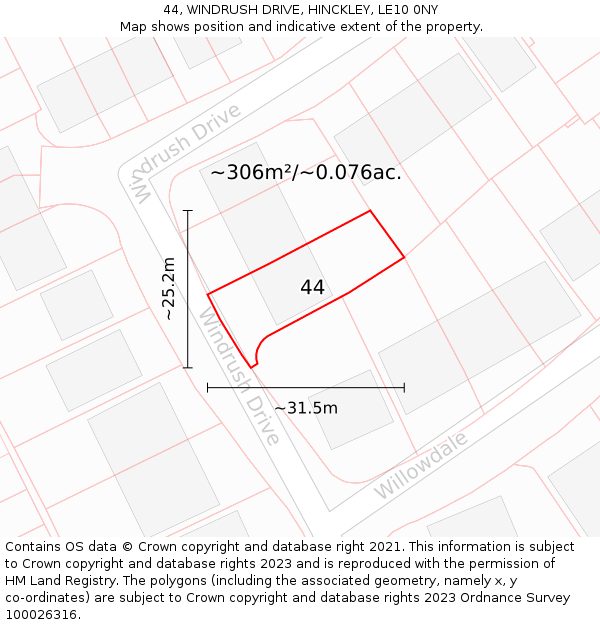 44, WINDRUSH DRIVE, HINCKLEY, LE10 0NY: Plot and title map