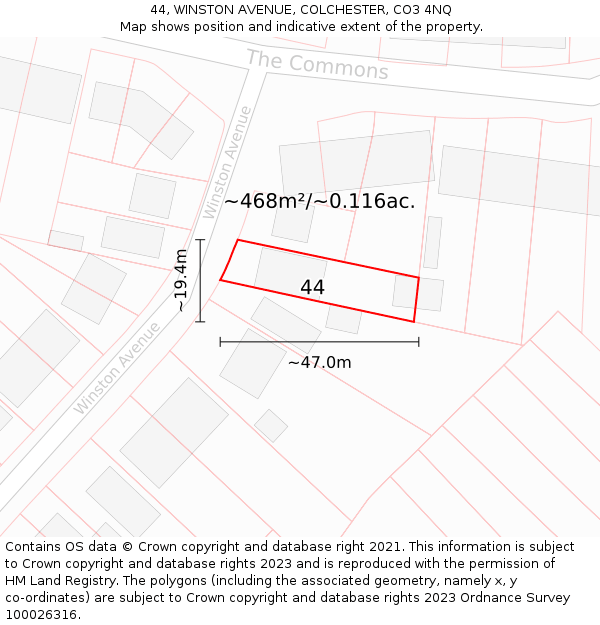 44, WINSTON AVENUE, COLCHESTER, CO3 4NQ: Plot and title map