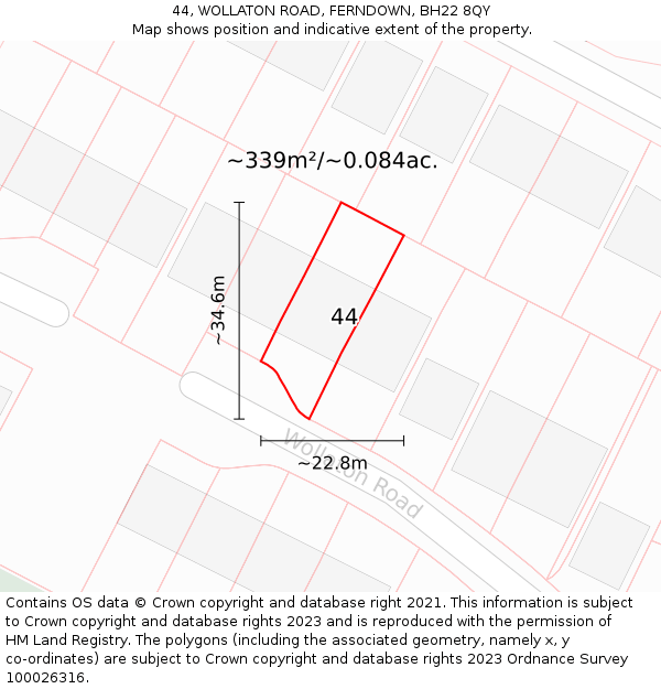 44, WOLLATON ROAD, FERNDOWN, BH22 8QY: Plot and title map