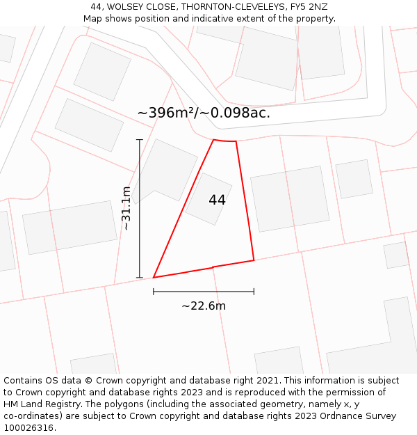 44, WOLSEY CLOSE, THORNTON-CLEVELEYS, FY5 2NZ: Plot and title map
