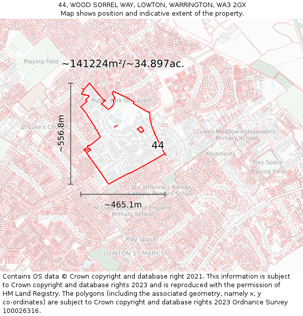 44, WOOD SORREL WAY, LOWTON, WARRINGTON, WA3 2GX: Plot and title map