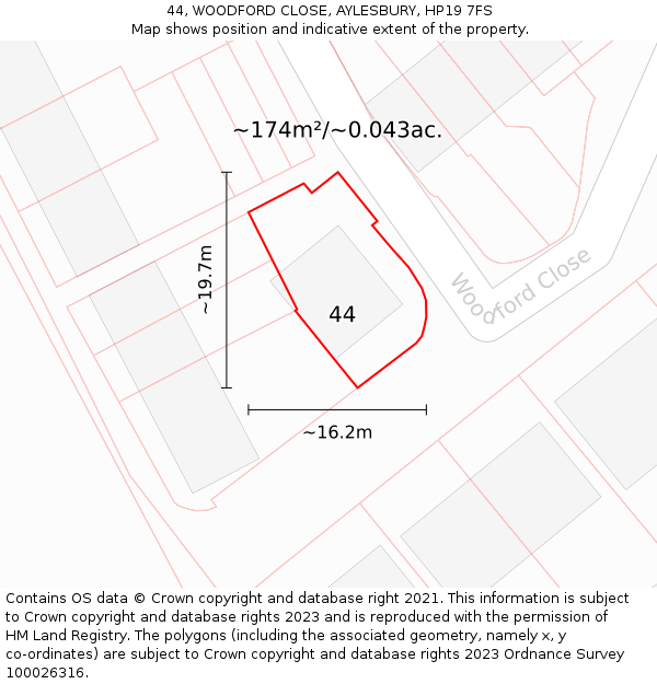44, WOODFORD CLOSE, AYLESBURY, HP19 7FS: Plot and title map