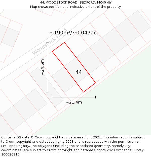 44, WOODSTOCK ROAD, BEDFORD, MK40 4JY: Plot and title map