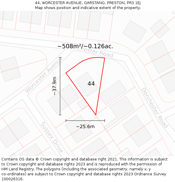 44, WORCESTER AVENUE, GARSTANG, PRESTON, PR3 1EJ: Plot and title map