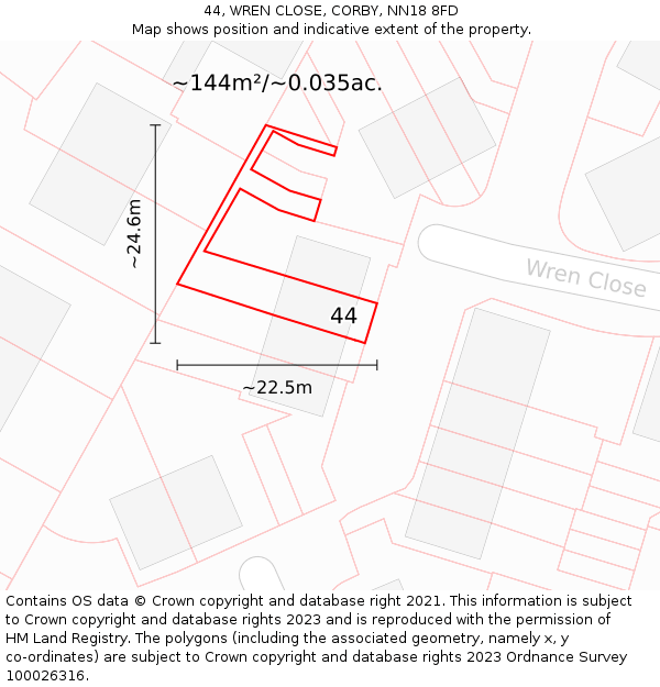 44, WREN CLOSE, CORBY, NN18 8FD: Plot and title map