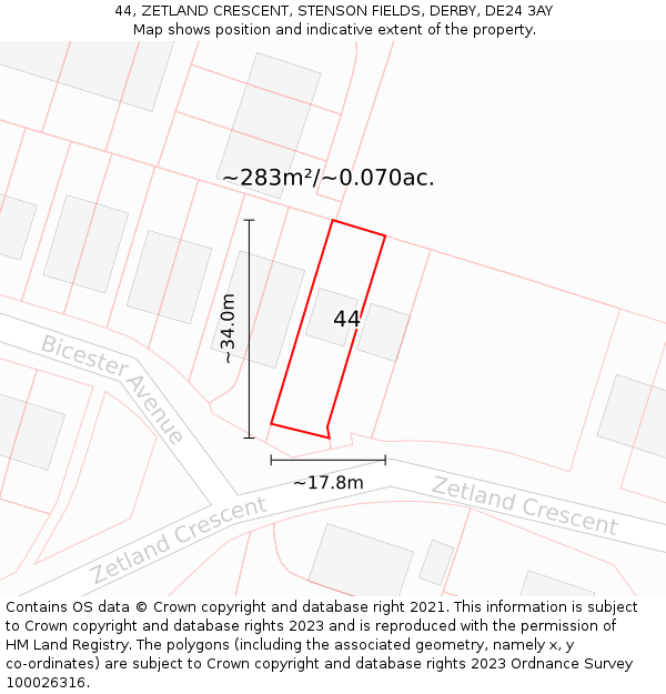 44, ZETLAND CRESCENT, STENSON FIELDS, DERBY, DE24 3AY: Plot and title map