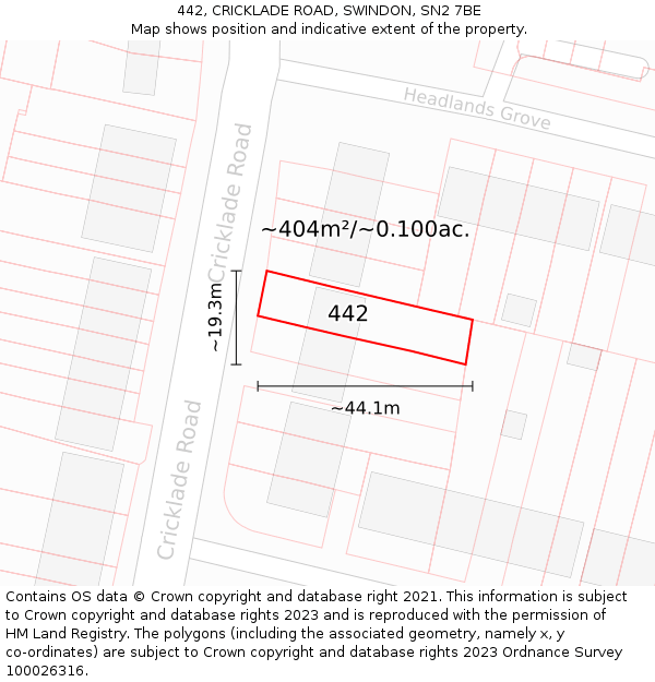 442, CRICKLADE ROAD, SWINDON, SN2 7BE: Plot and title map