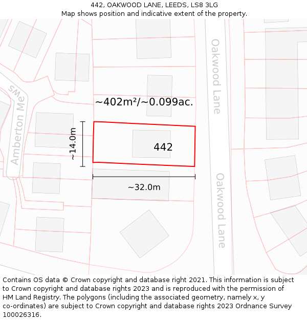 442, OAKWOOD LANE, LEEDS, LS8 3LG: Plot and title map
