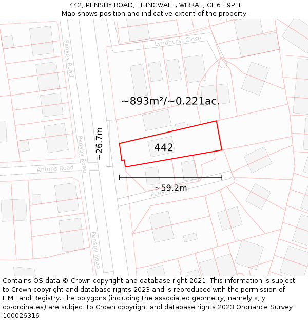 442, PENSBY ROAD, THINGWALL, WIRRAL, CH61 9PH: Plot and title map