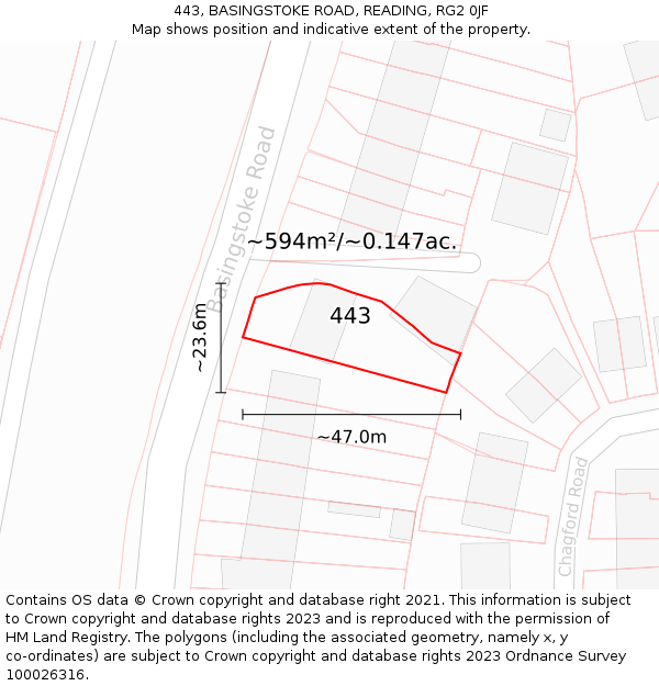 443, BASINGSTOKE ROAD, READING, RG2 0JF: Plot and title map