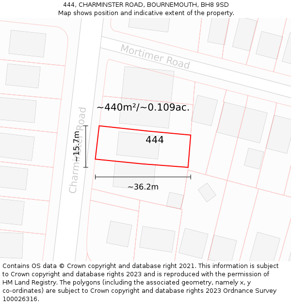 444, CHARMINSTER ROAD, BOURNEMOUTH, BH8 9SD: Plot and title map