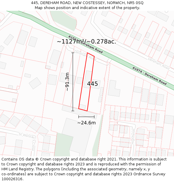 445, DEREHAM ROAD, NEW COSTESSEY, NORWICH, NR5 0SQ: Plot and title map