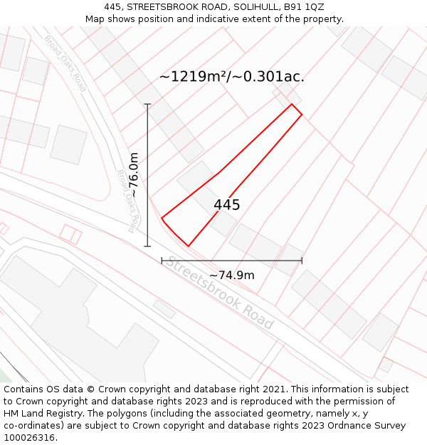 445, STREETSBROOK ROAD, SOLIHULL, B91 1QZ: Plot and title map