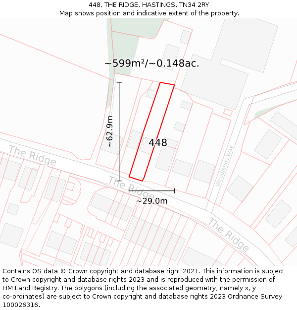 448, THE RIDGE, HASTINGS, TN34 2RY: Plot and title map