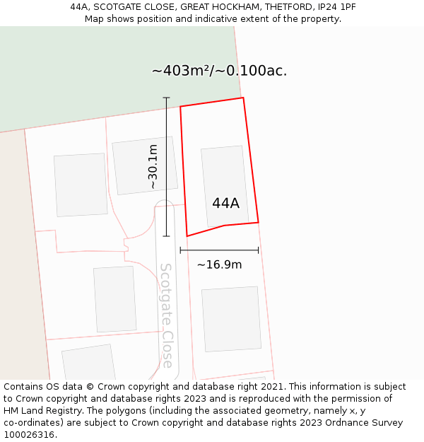 44A, SCOTGATE CLOSE, GREAT HOCKHAM, THETFORD, IP24 1PF: Plot and title map